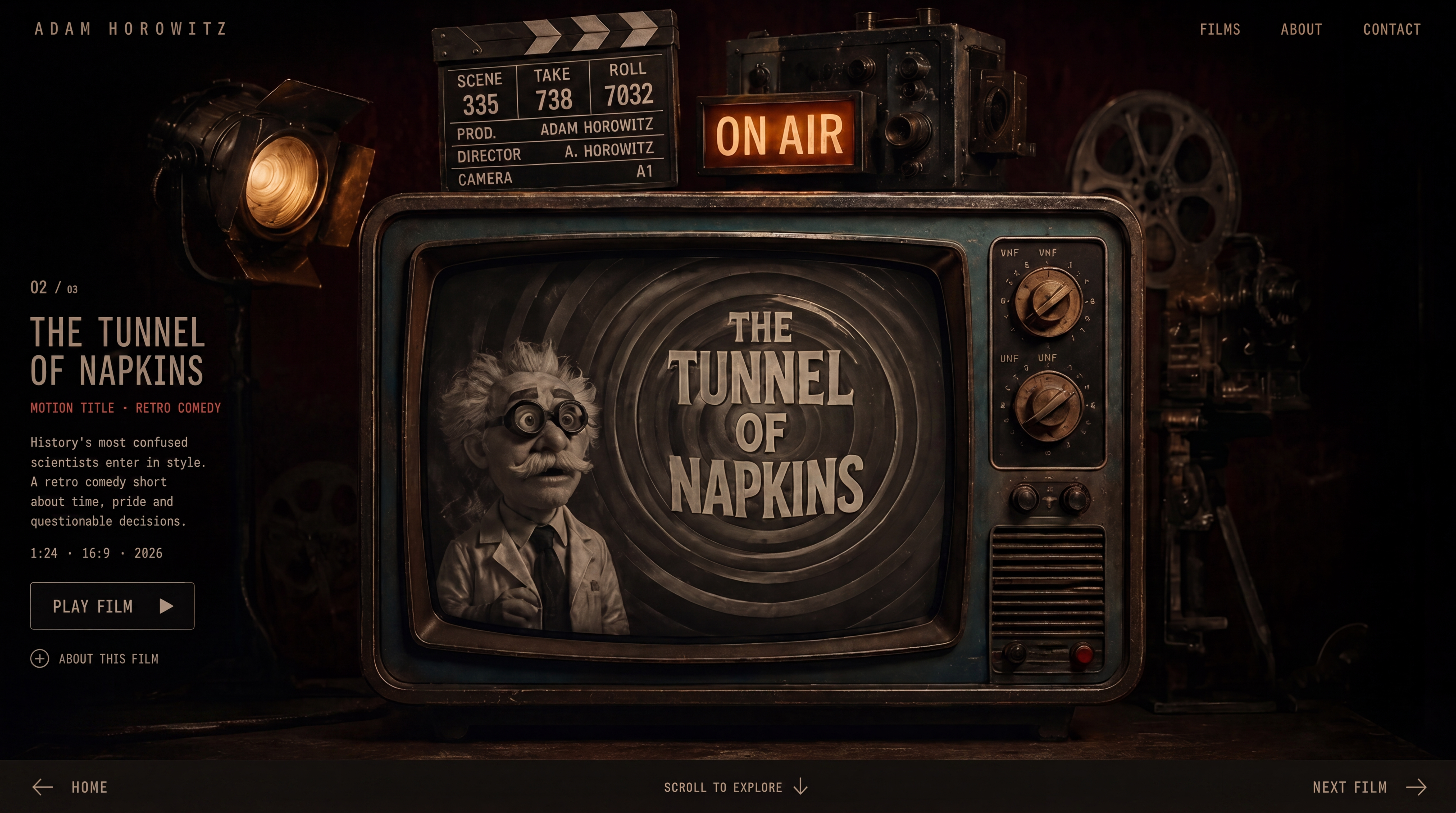 The Tunnel of Napkins presented inside an aged cinema television set